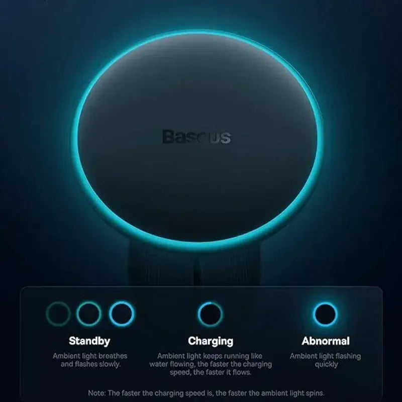 Baseus magnetic wireless charger car mount 15w with sleek matte black surface and glowing blue ambient light ring
