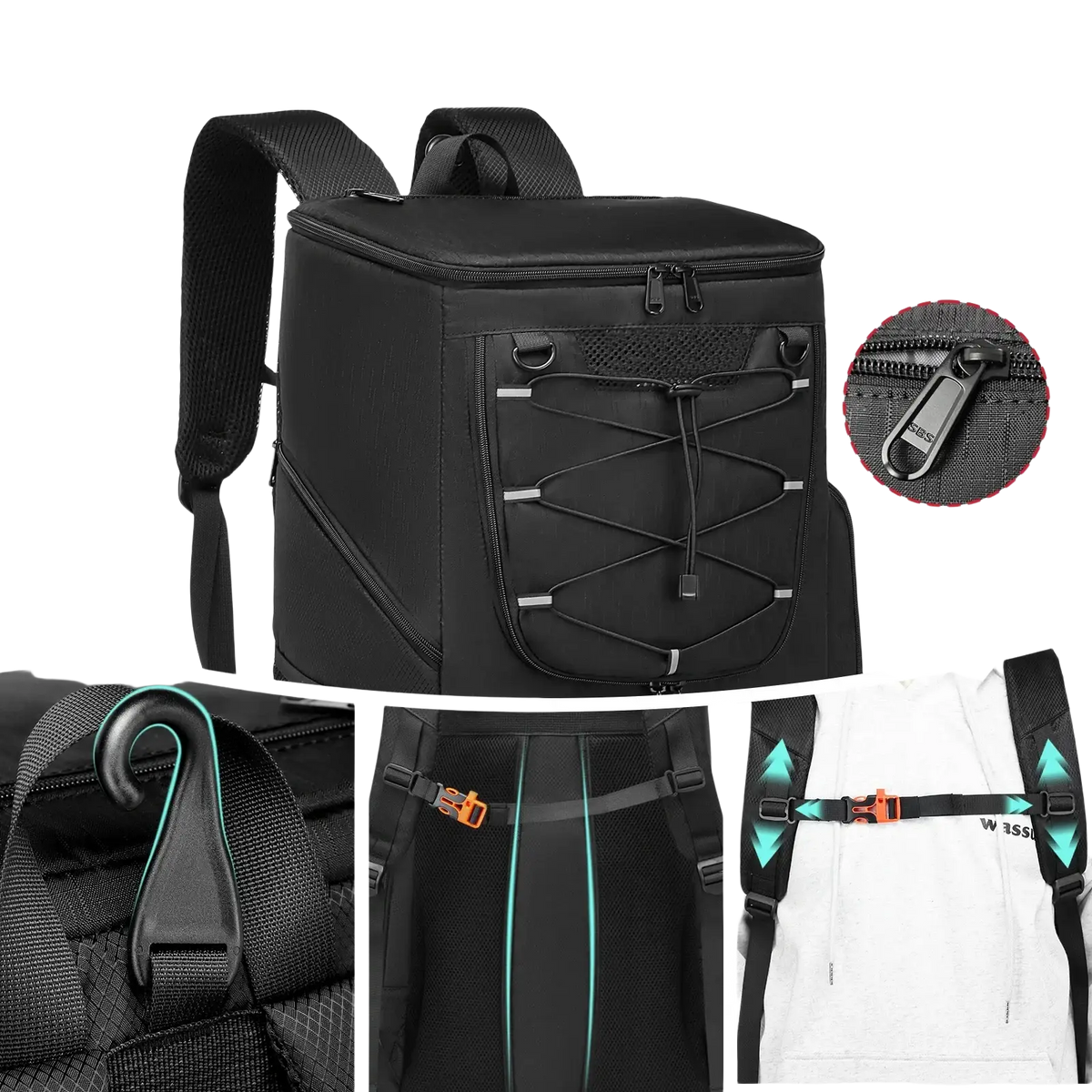 Black ergonomic basketball backpack with mesh panels, adjustable straps, smooth zipper, and shoe compartment shown from back side