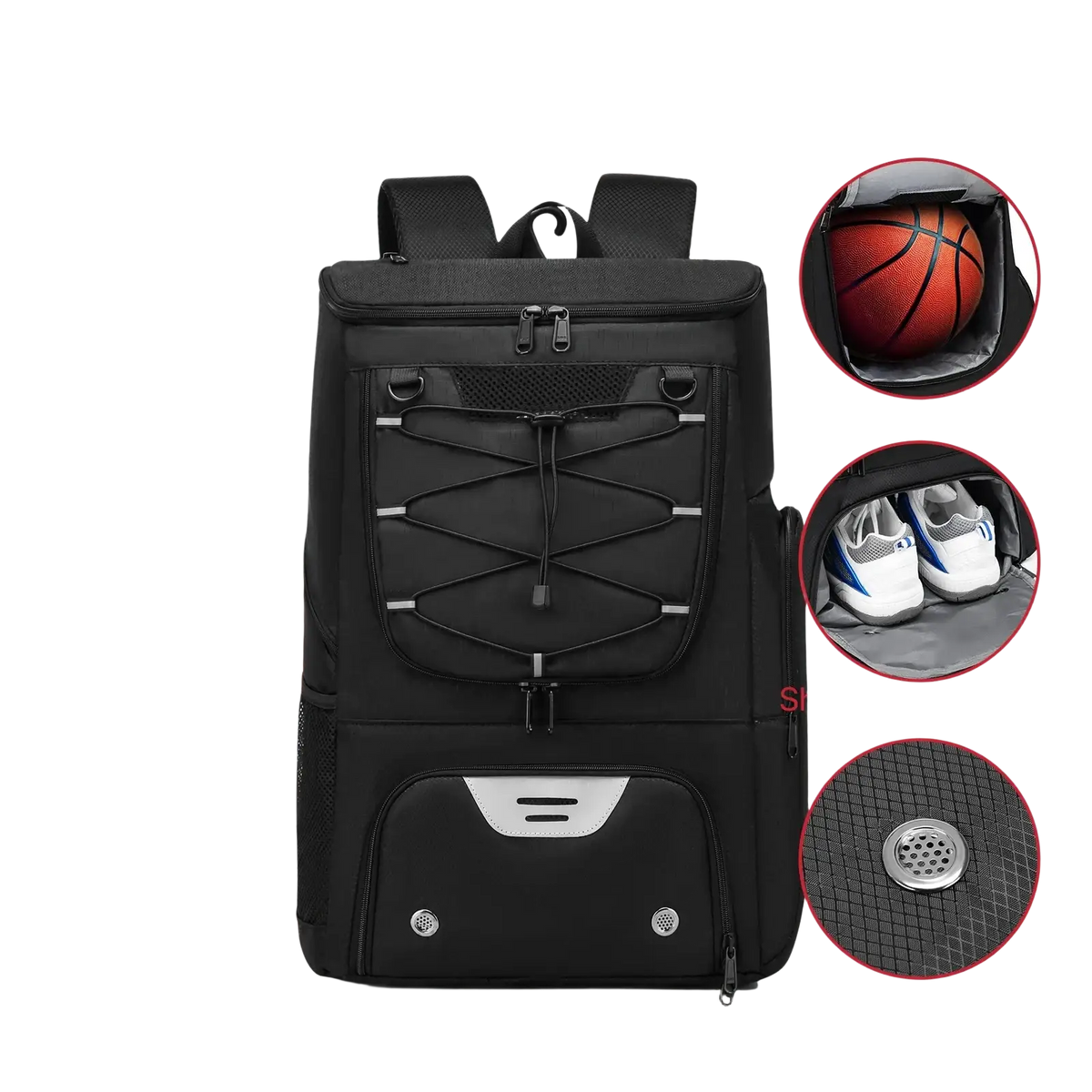 Black basketball backpack with shoe compartment silver accents and multiple compartments for ball drinks and wet dry items