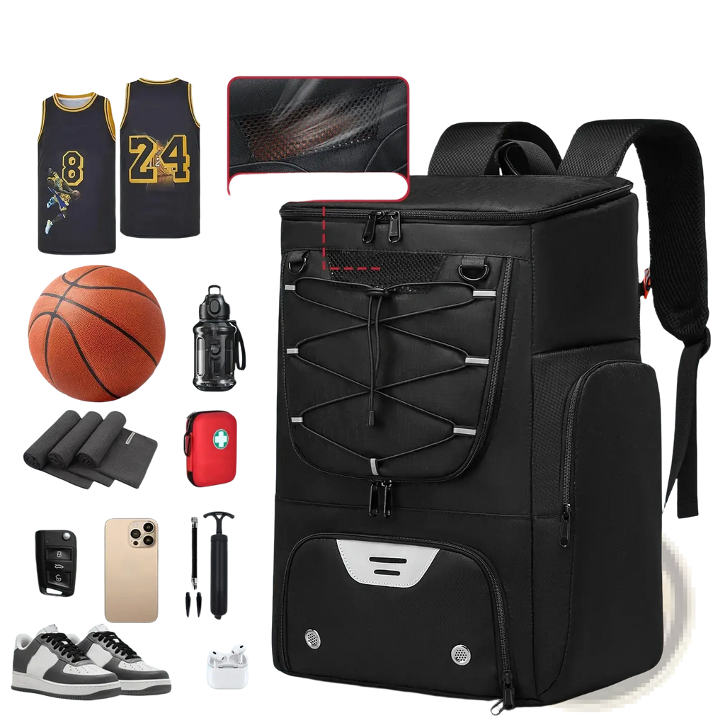 Basketball backpack in black with mesh ventilation holes silver zipper accents and shoe compartment visible from the back