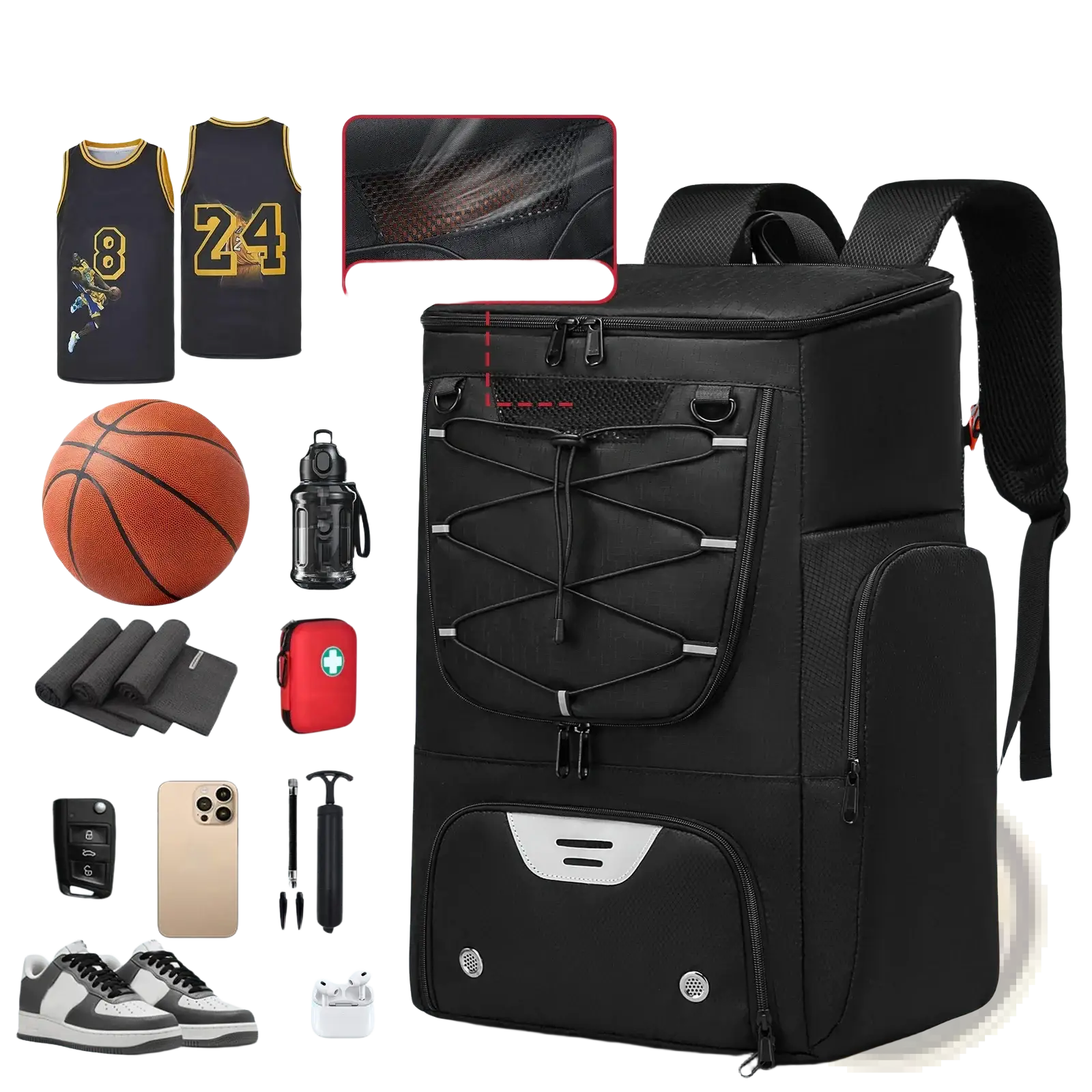 Basketball backpack in black with mesh ventilation holes silver zipper accents and shoe compartment visible from the back