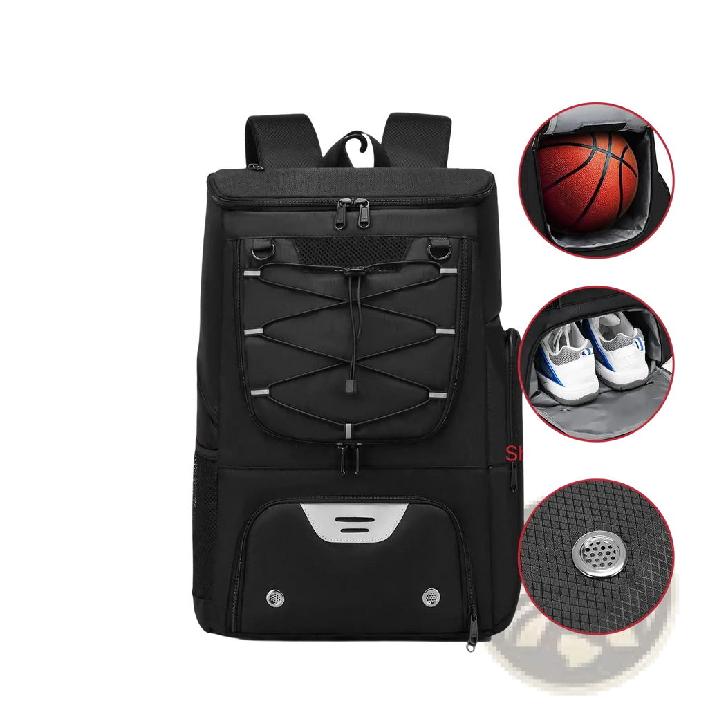 Black basketball backpack with shoe compartment silver accents and multiple compartments for ball drinks and wet dry items