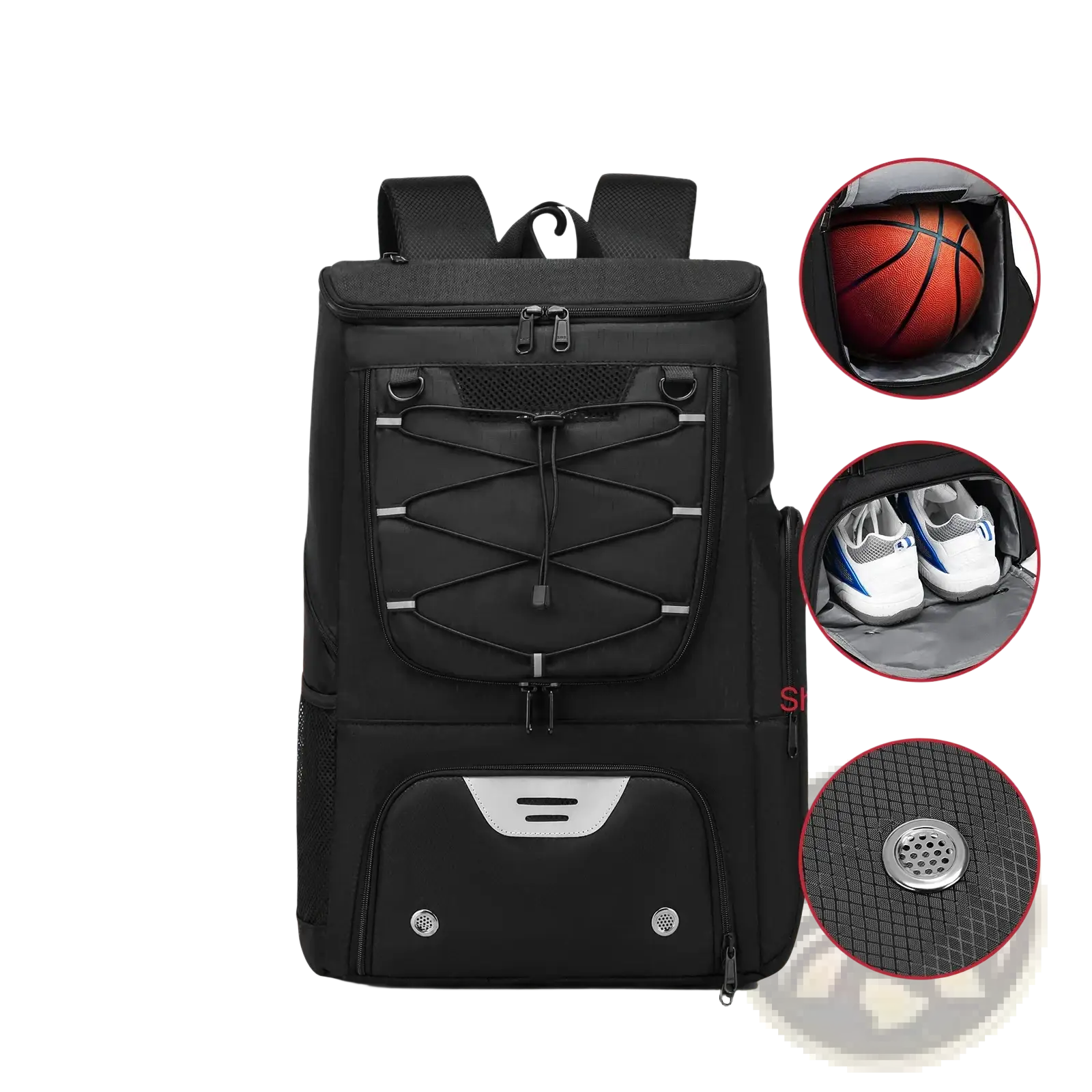 Black basketball backpack with shoe compartment silver accents and multiple compartments for ball drinks and wet dry items