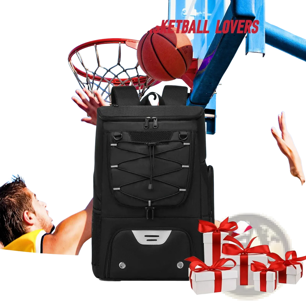 Black basketball backpack with silver accents and front pocket featuring a shoe compartment for sports use