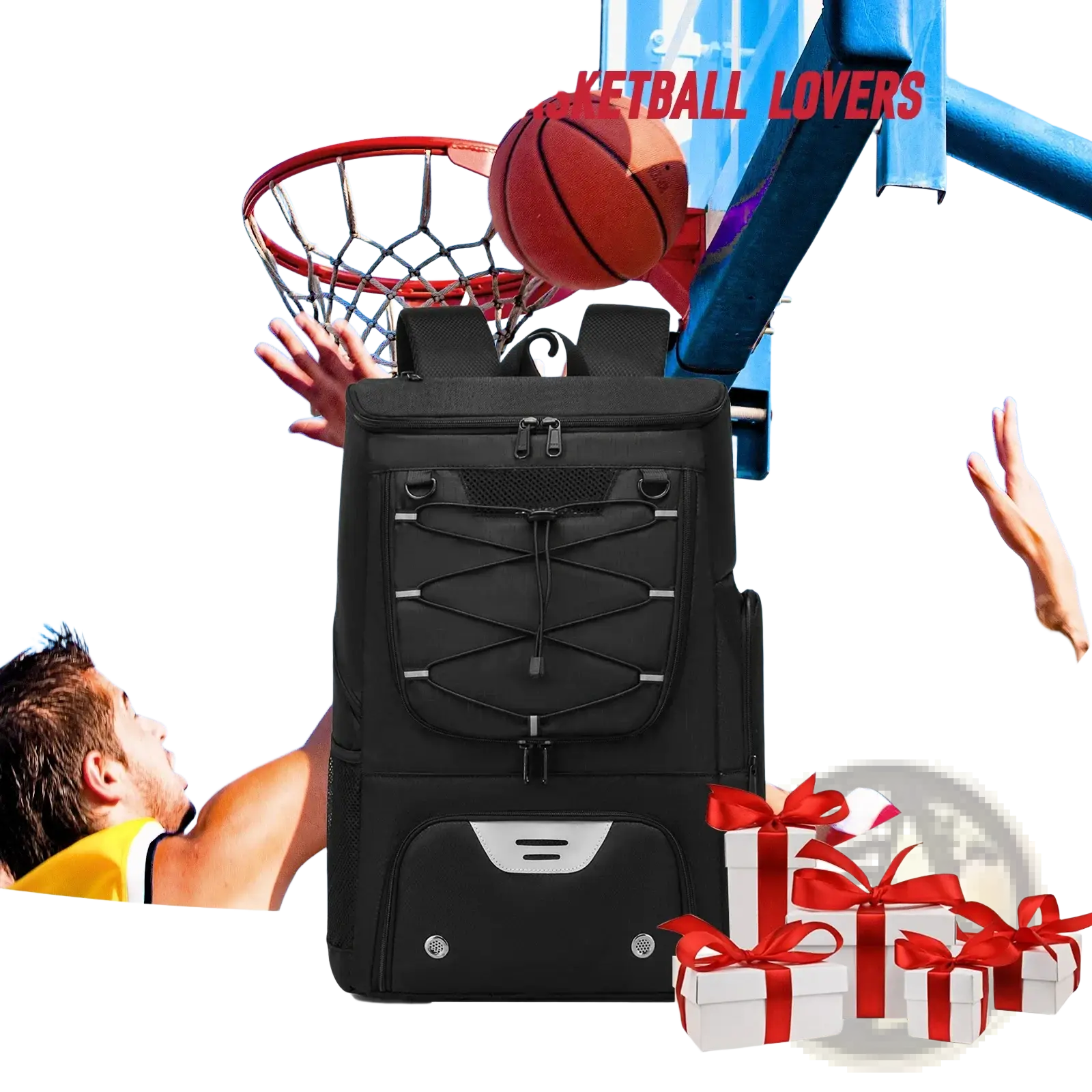 Black basketball backpack with silver accents and front pocket featuring a shoe compartment for sports use