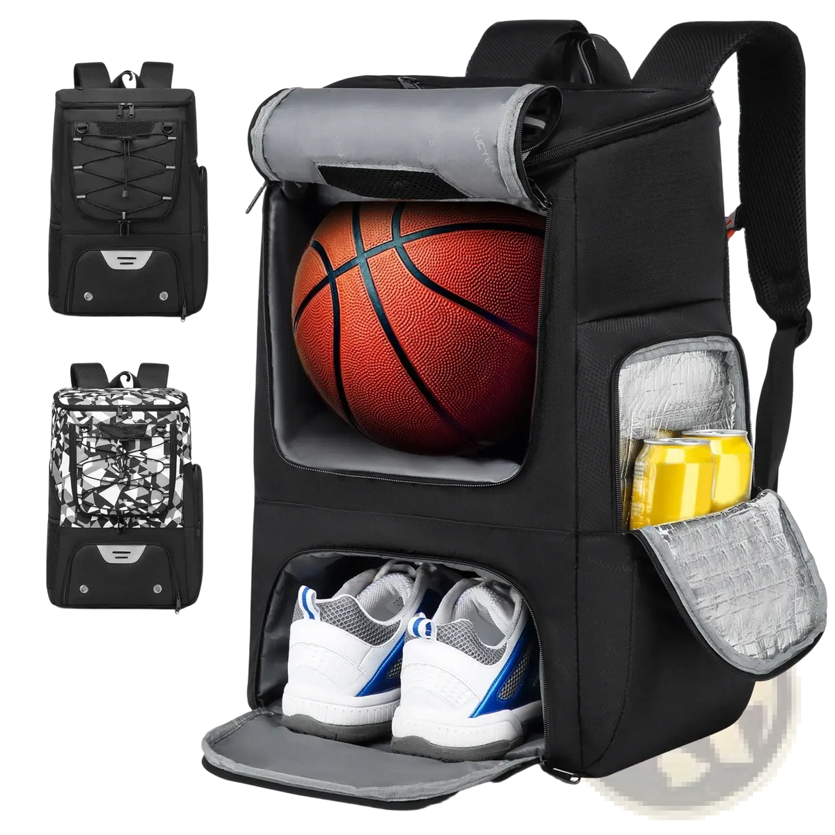Black and gray basketball backpack with shoe compartment, main orange basketball pocket, and side pockets for cans and shoes