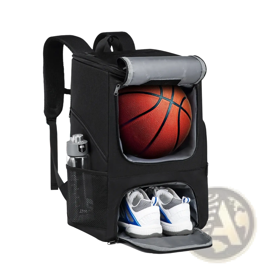 Black insulated basketball backpack with gray accents featuring main compartment holding an orange basketball and side pockets for shoes