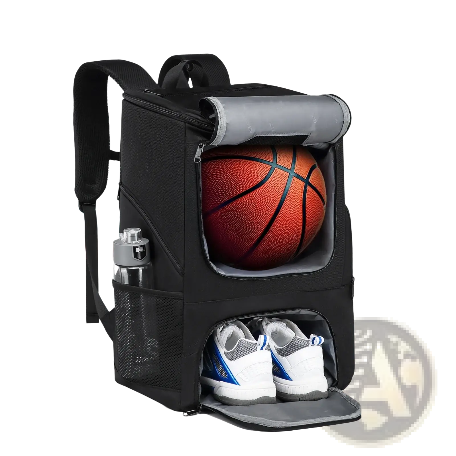 Black insulated basketball backpack with gray accents featuring main compartment holding an orange basketball and side pockets for shoes