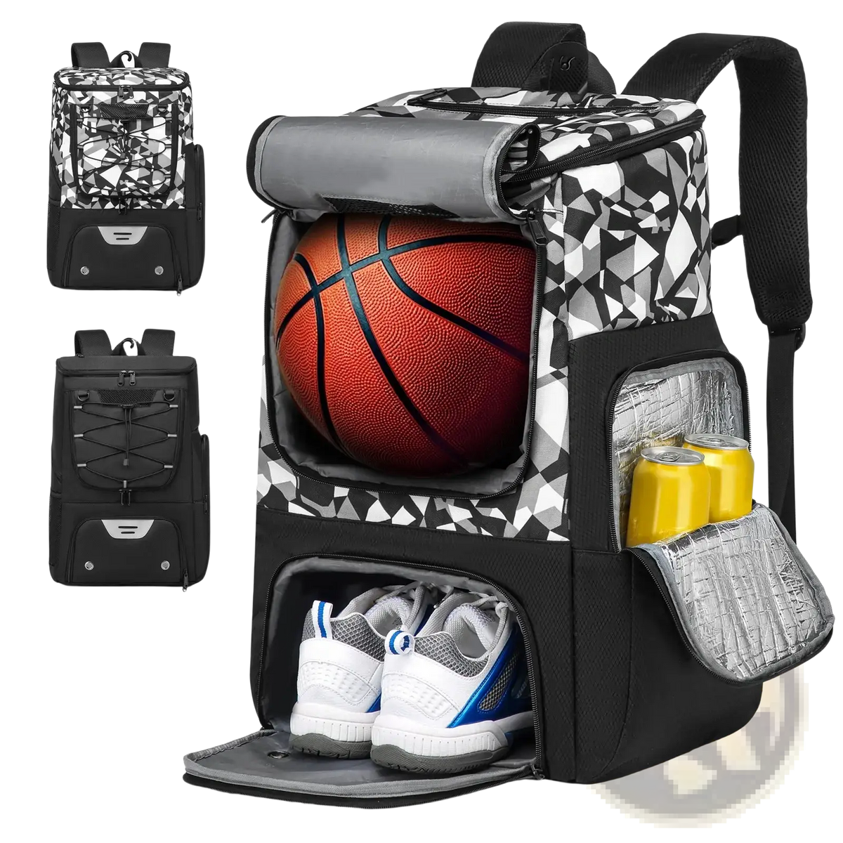 Black and white geometric-patterned basketball backpack with gray accents and a main compartment holding an orange basketball