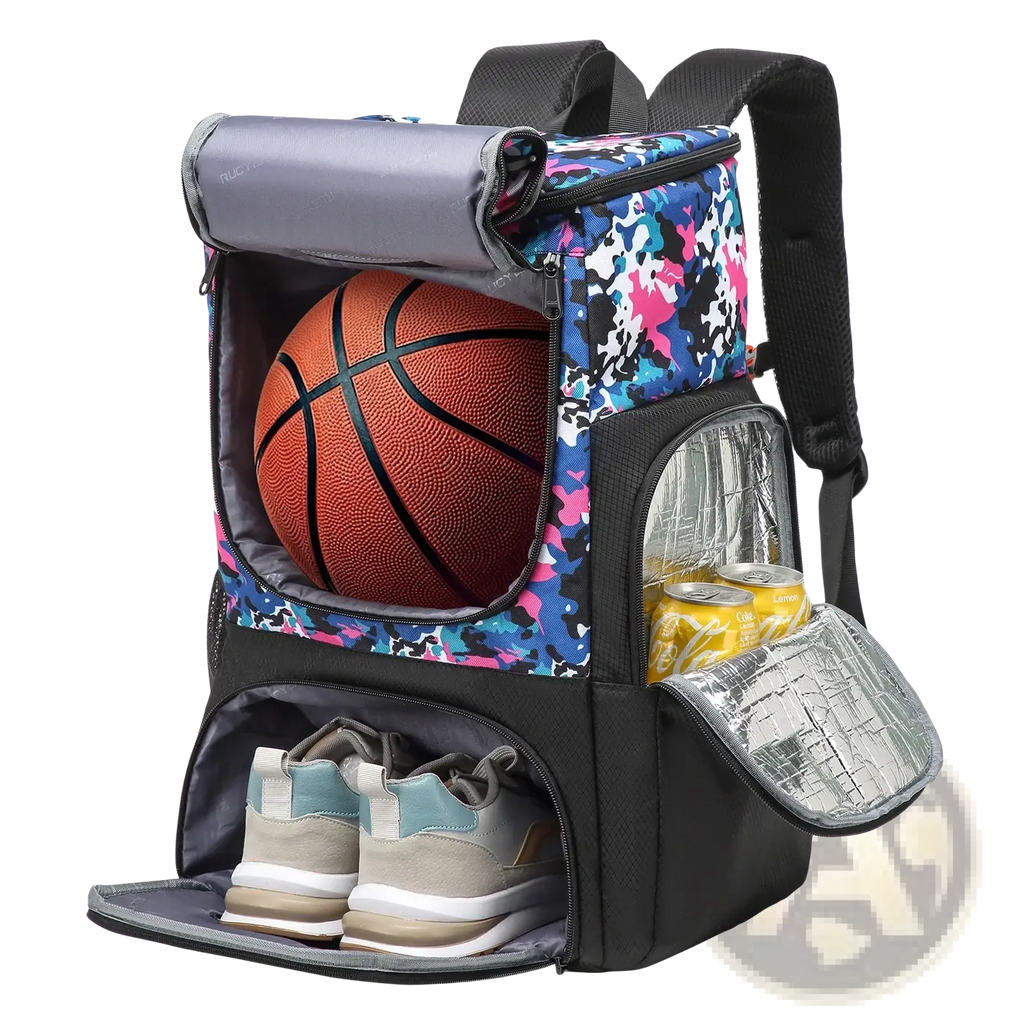 Basketball backpack with shoe compartment featuring blue pink black camouflage pattern and insulated multi pockets