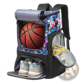 Basketball backpack with shoe compartment featuring blue pink black camouflage pattern and insulated multi pockets