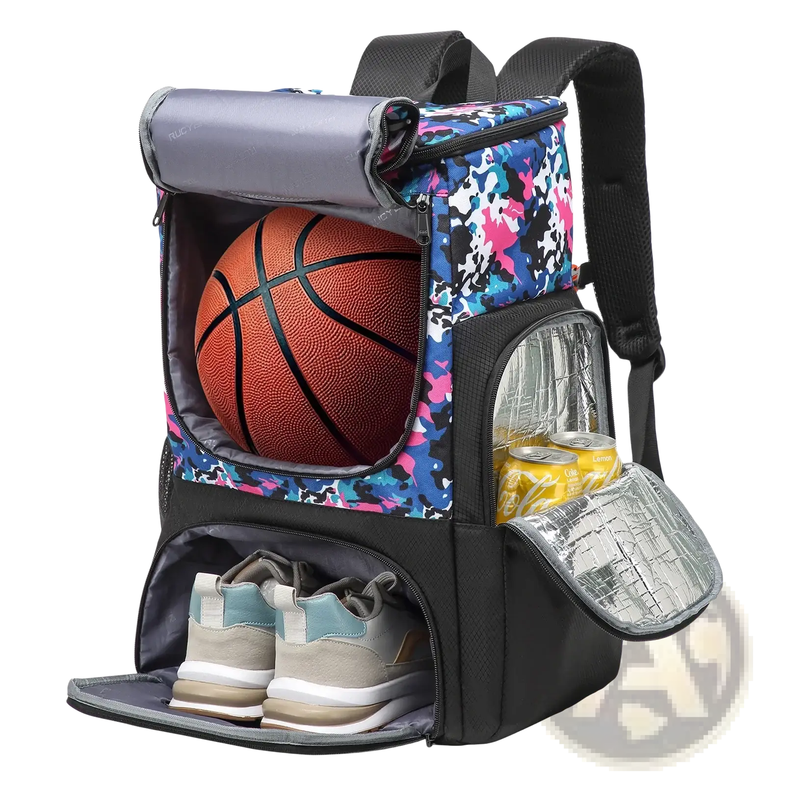 Basketball backpack with shoe compartment featuring blue pink black camouflage pattern and insulated multi pockets