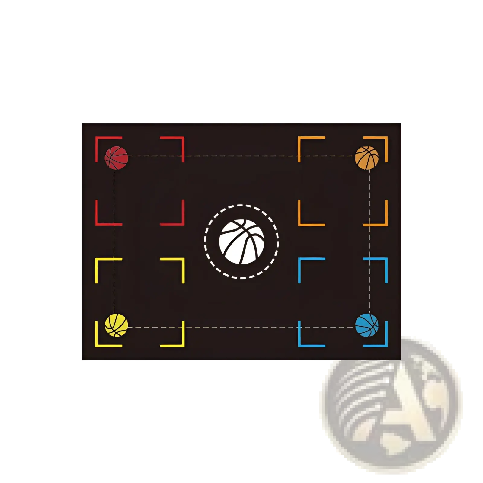 Black basketball training mat non slip footwork drill pad featuring colorful stylized balls and a white outlined hoop