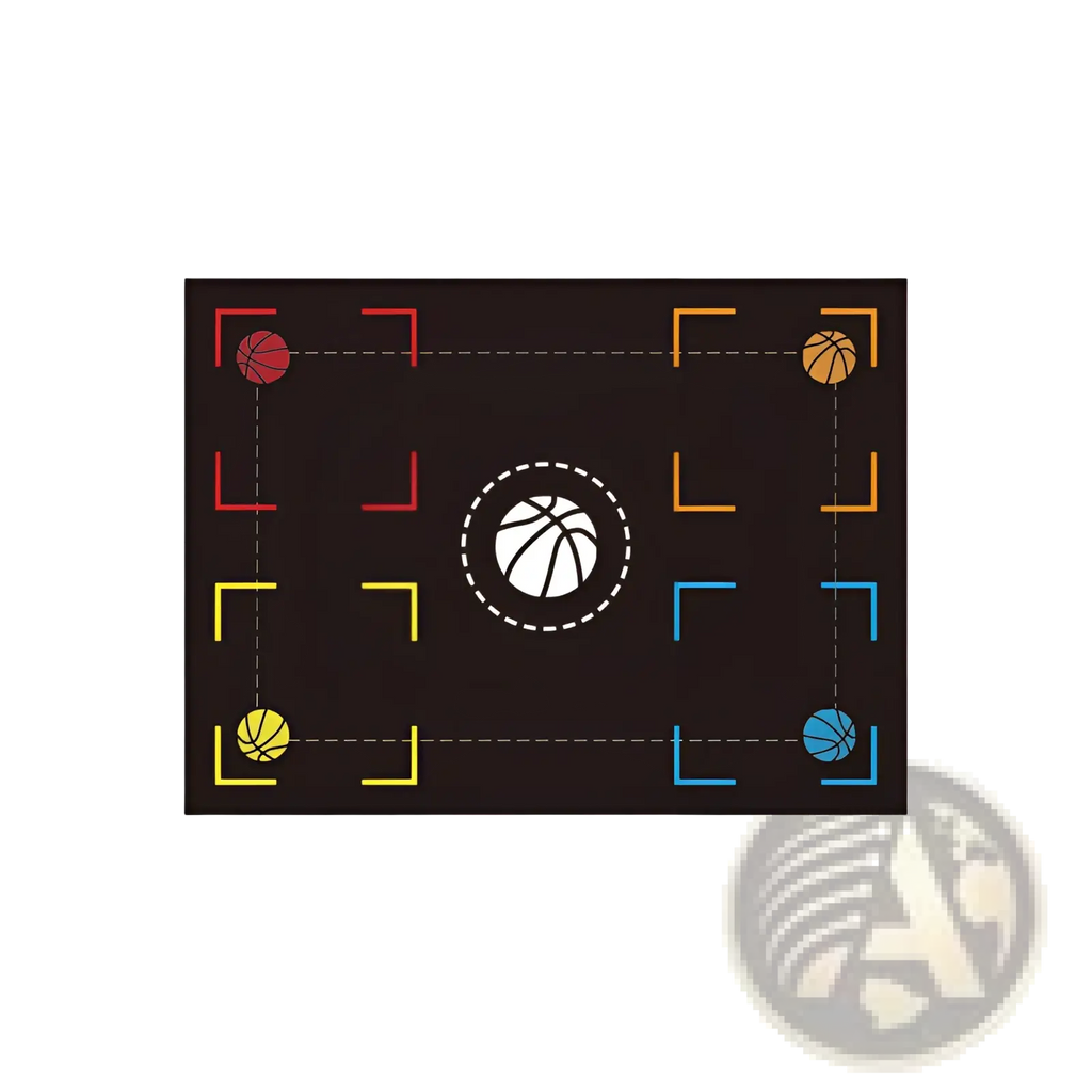 Black basketball training mat non slip footwork drill pad featuring colorful stylized balls and a white outlined hoop