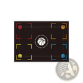 Black basketball training mat non slip footwork drill pad featuring colorful stylized balls and a white outlined hoop