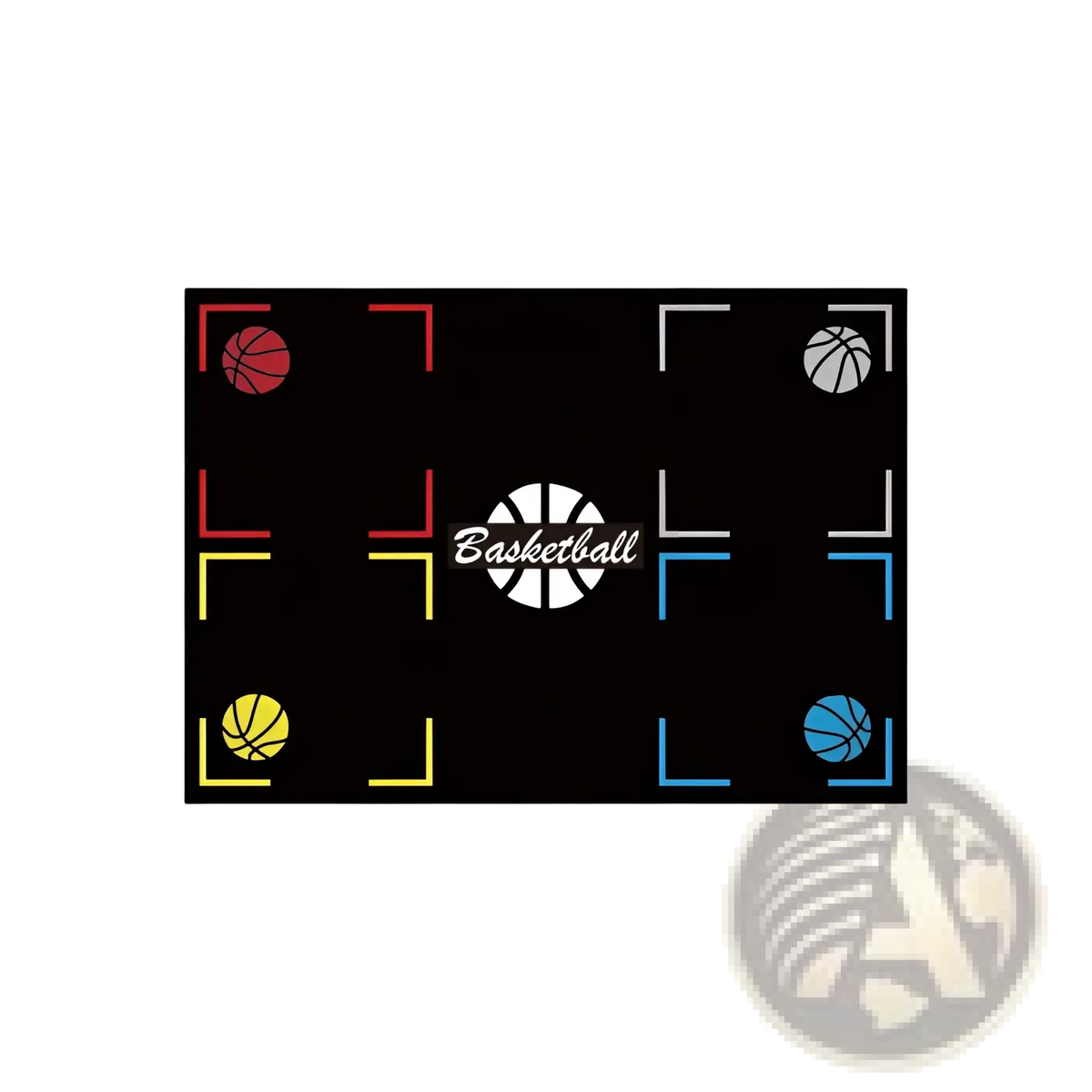 Black basketball training mat non slip footwork drill pad with colorful stylized court lines and multicolored ball icons