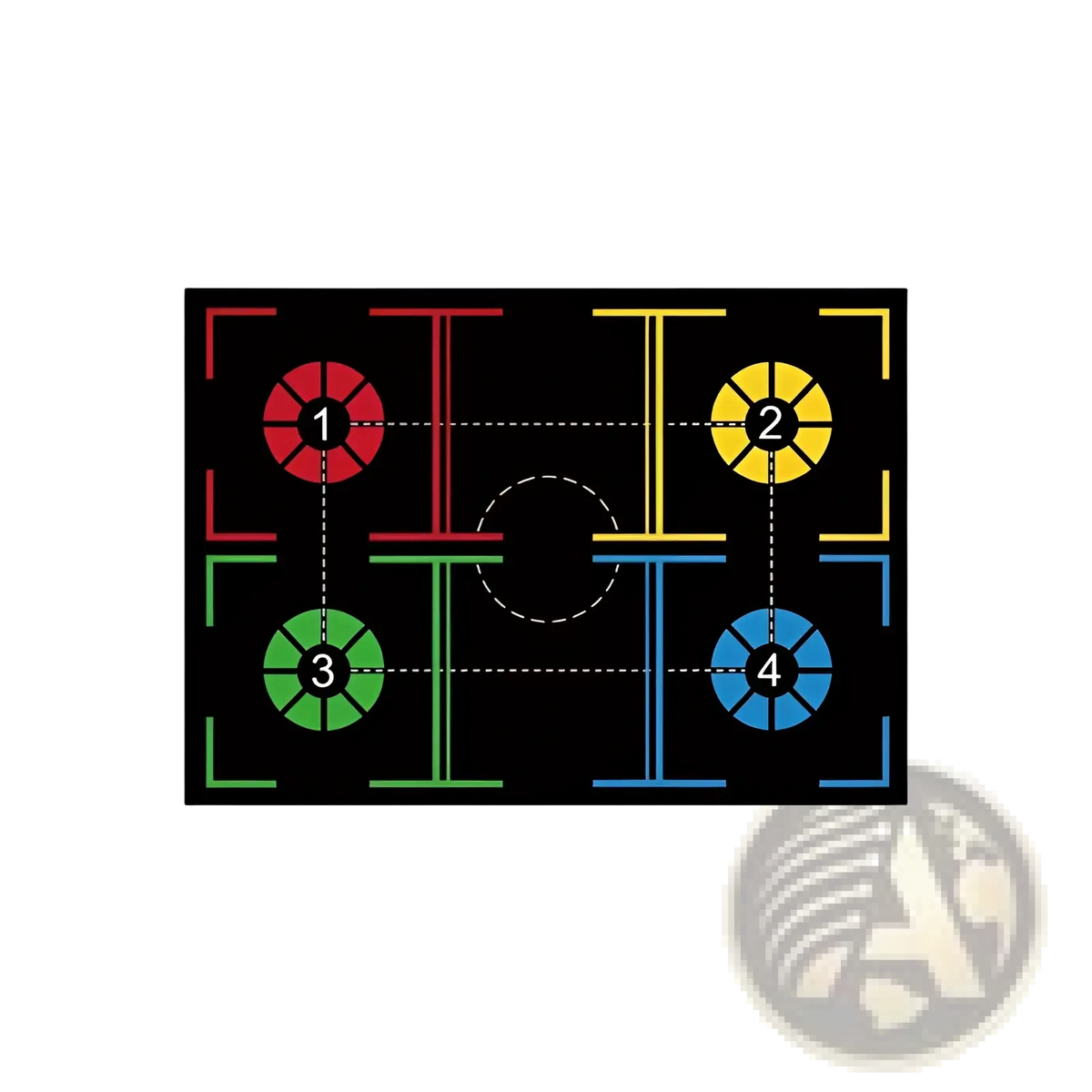 Black non slip basketball training mat with four colored numbered footwork drill targets in red yellow green and blue