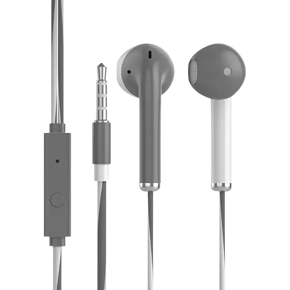 Gray in-ear bass earbuds stereo with microphone featuring sleek metallic accents and 3.5mm jack cable