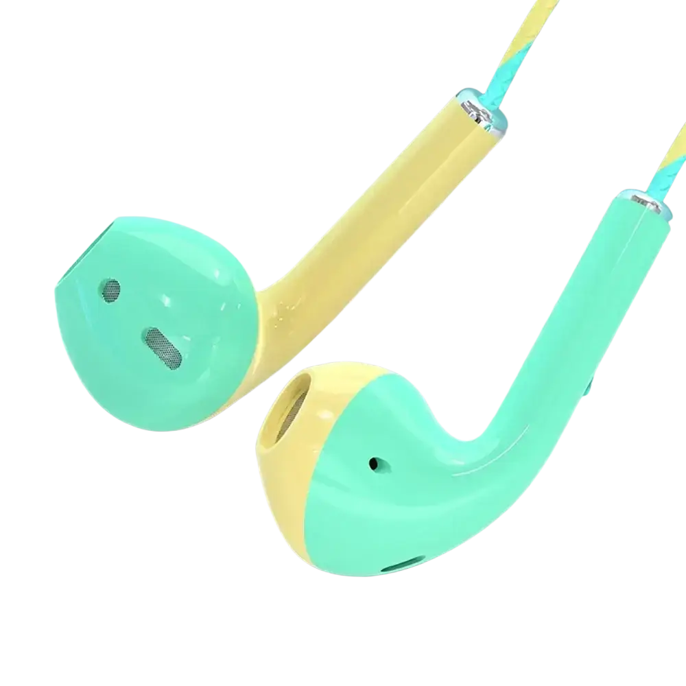 Pastel green and yellow bass earbuds stereo with glossy plastic finish and ergonomic design include microphone and 3.5mm jack