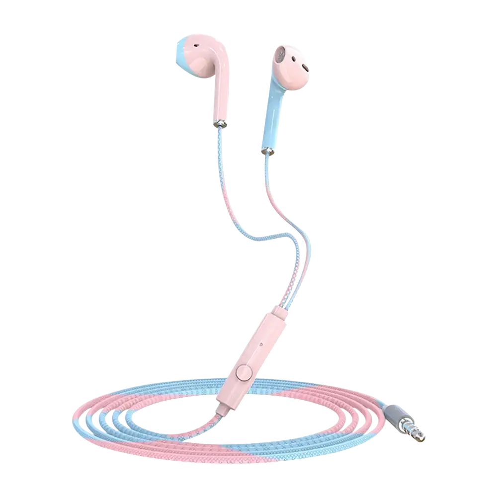 Pastel pink and light blue bass earbuds stereo with microphone and 3.5mm jack corded stereo earphone music device