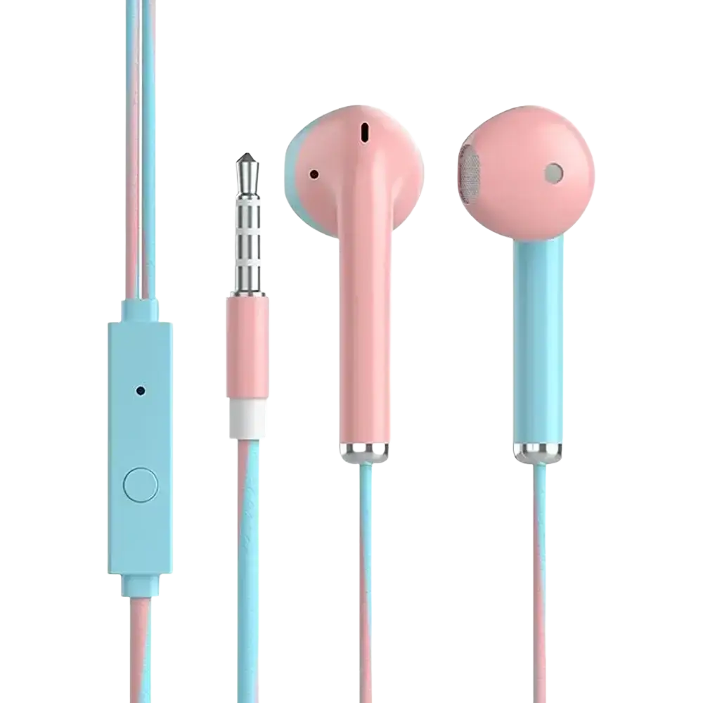Pastel pink and light blue soft silicone bass earbuds stereo with microphone and 3.5mm jack inline control module