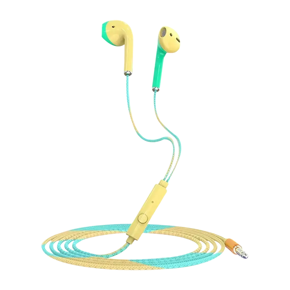 Pastel yellow and mint green bass earbuds stereo with braided cable inline control and 35mm jack microphone