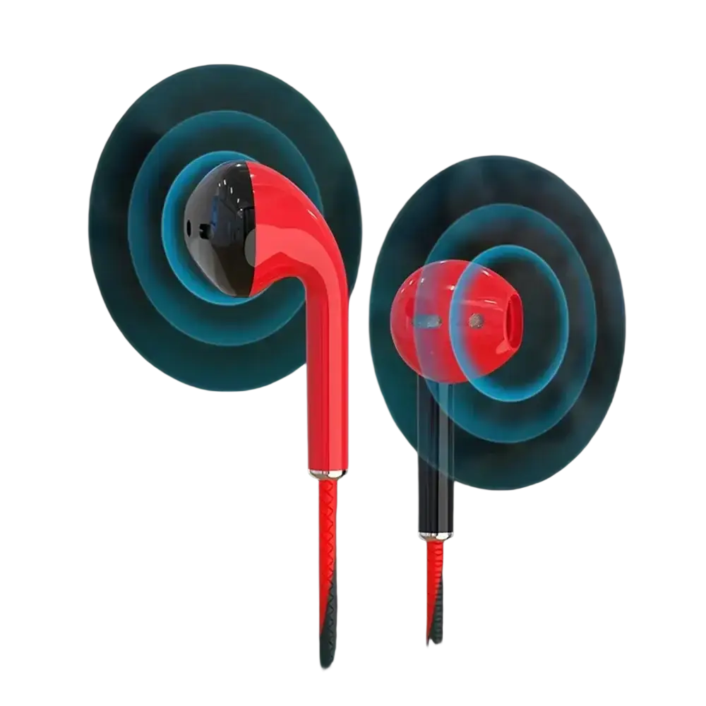 Red and black bass earbuds stereo with sleek glossy finish microphone and 3.5mm jack for stereo earphone music