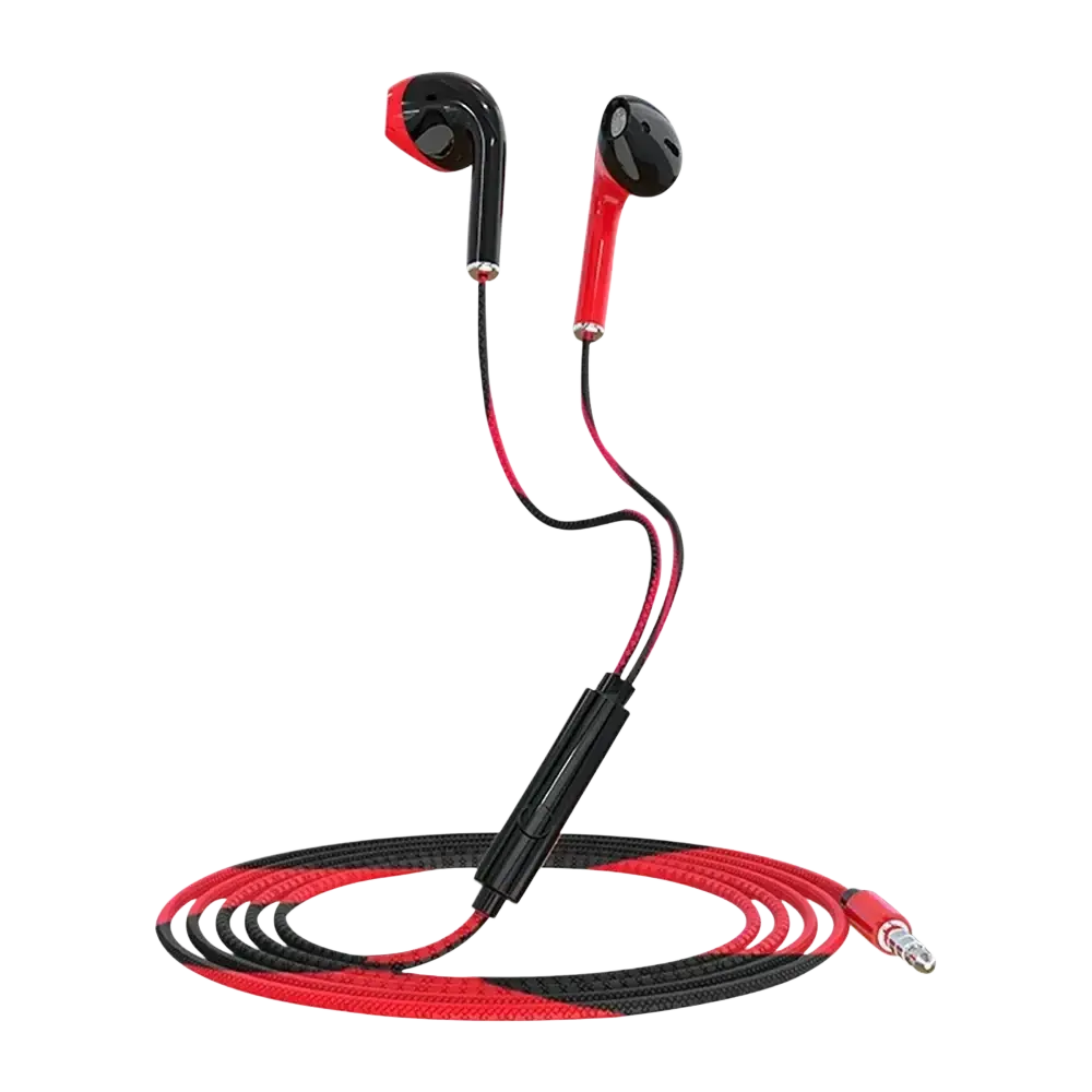 Red and black bass earbuds stereo with braided cable microphone and 3.5mm jack for clear sound and durability