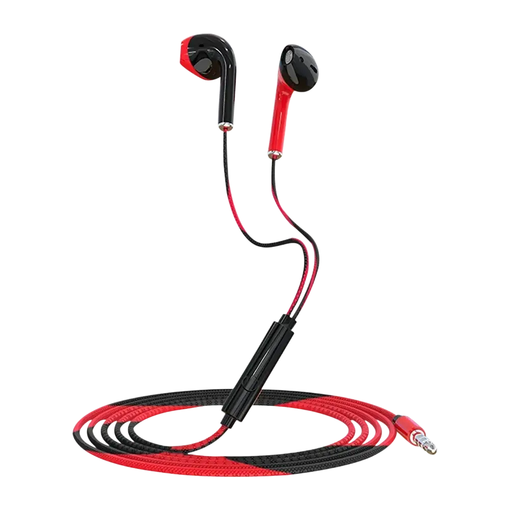 Red and black bass earbuds stereo with braided cable inline control microphone and 3.5mm jack for music use