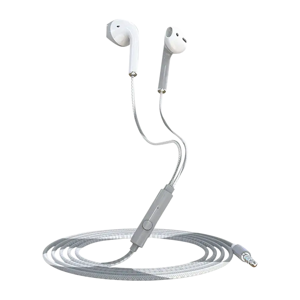 White Apple earbuds stereo with silver cable and inline control module featuring bass earbuds stereo sound and microphone
