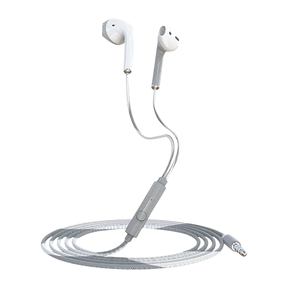 White apple bass earbuds stereo with silver braided cable and inline control module for stereo earphone music use