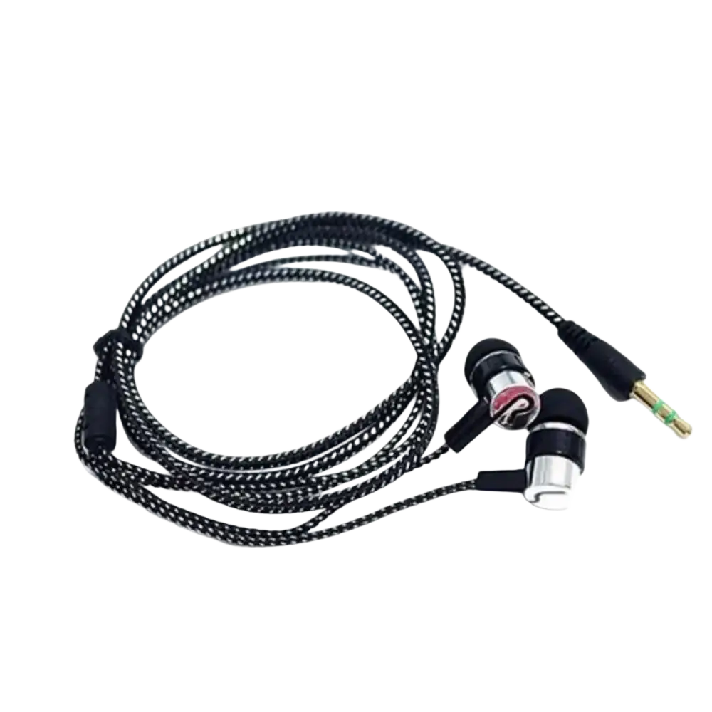 Black and silver bass stereo in ear wired earphones with braided cable and 35mm audio jack for enhanced sound quality