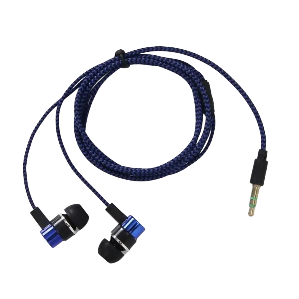 Blue and black bass stereo in ear wired earphones with braided cable for enhanced durability and sound quality
