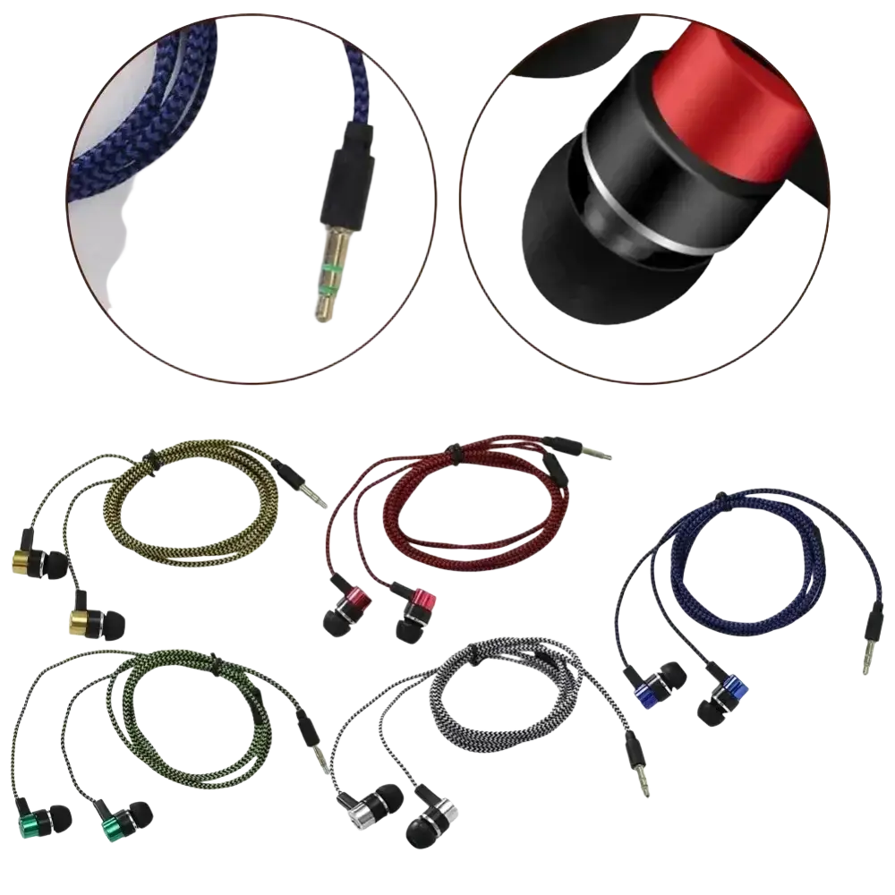 Bass stereo ear wired earphones with blue braided cable and black red earbuds featuring a 35mm jack connector