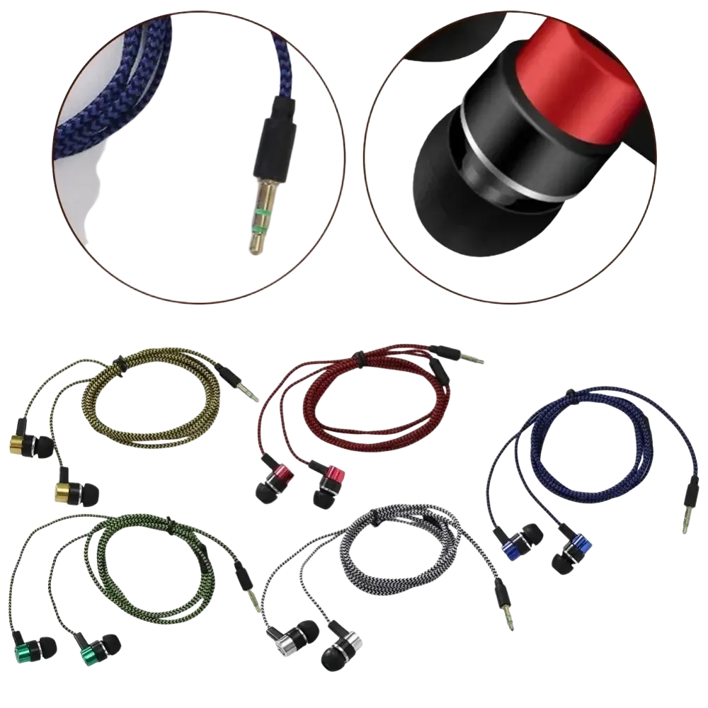 Blue braided bass stereo in ear wired earphones with black gold accents and 3.5mm jack plug for audio connection