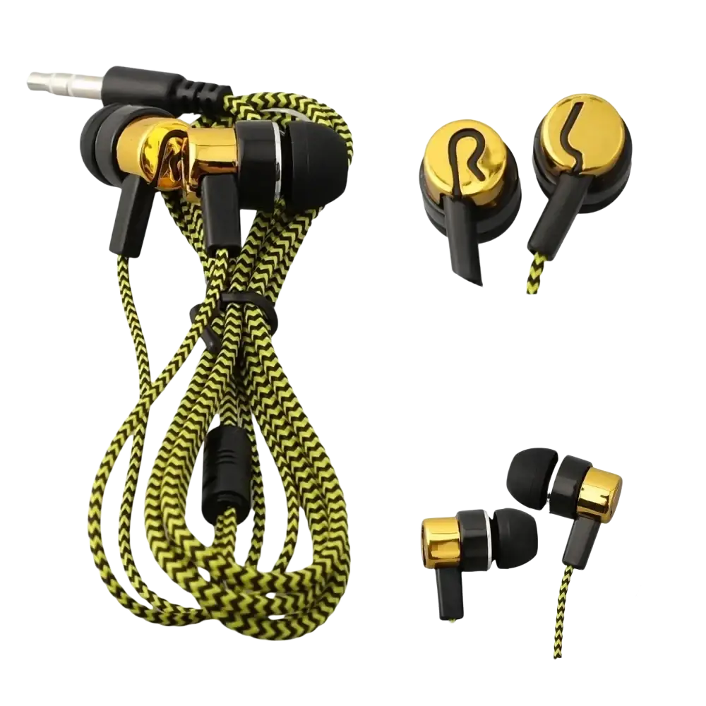 Bass stereo in ear wired earphones with gold and black inlay earbuds and braided yellow green cable for enhanced sound