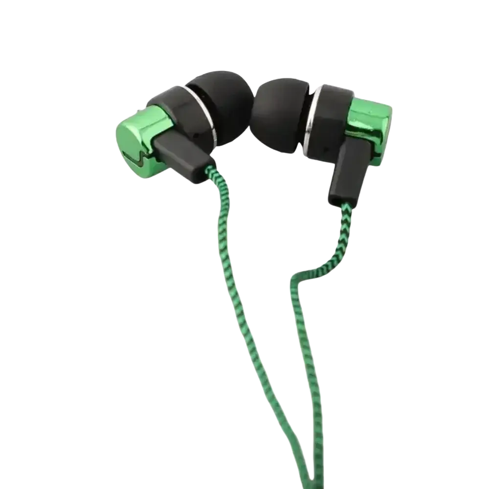 Green and black in-ear wired earphones with a braided green cable designed for bass stereo sound quality