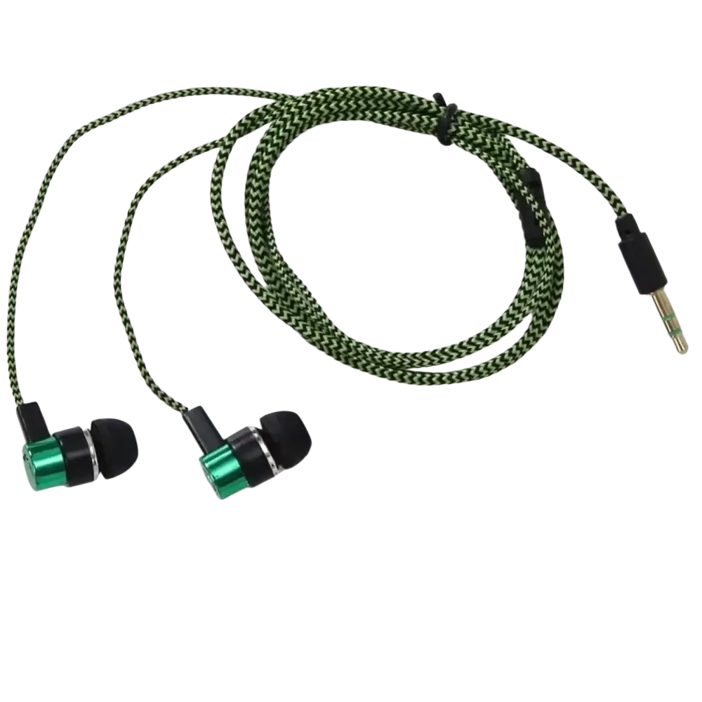 Green and black woven cable bass stereo in ear wired earphones with metallic green accents on the earbud housings