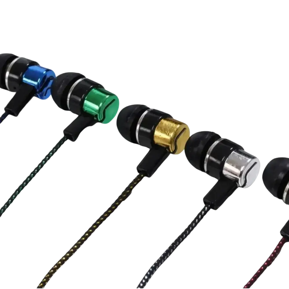 Bass stereo in ear wired earphones with colorful metallic accents black silicone tips and braided cables in matching hues