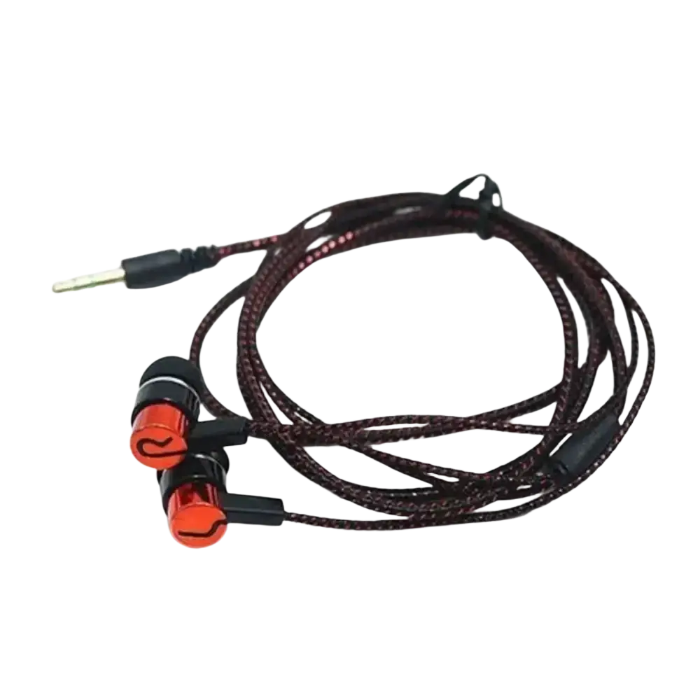 Red and black bass stereo ear wired earphones with braided cable for enhanced durability and sound quality