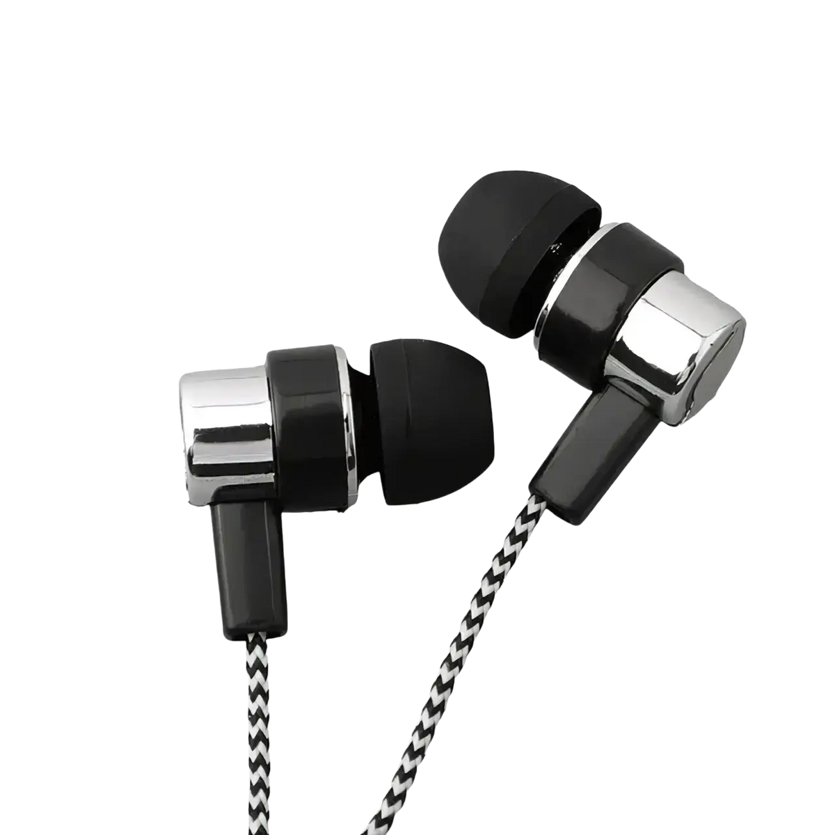 Black and chrome ear wired headphones with braided black and white cable designed for bass stereo sound quality