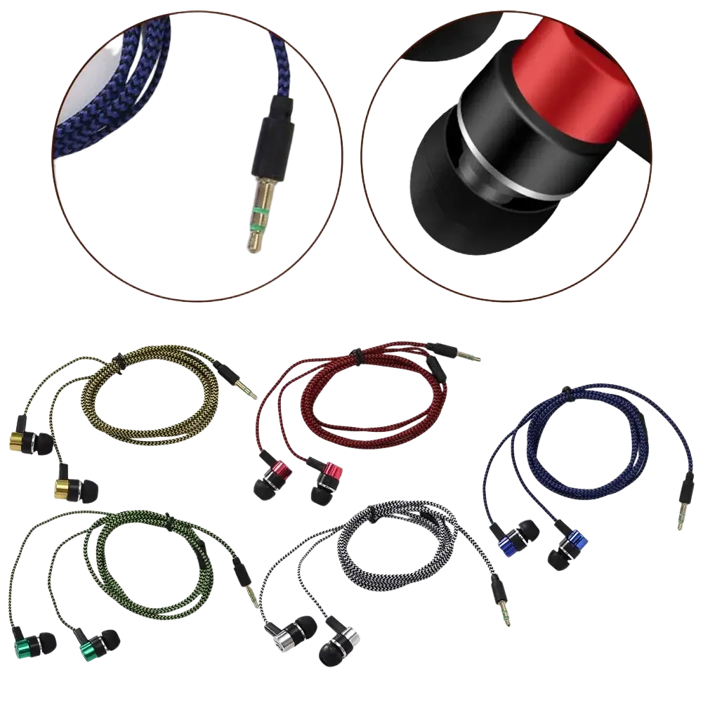 Bass stereo in ear wired headphones in blue with braided cable, red earbuds, black 3.5mm jack, and adjustable metal clip