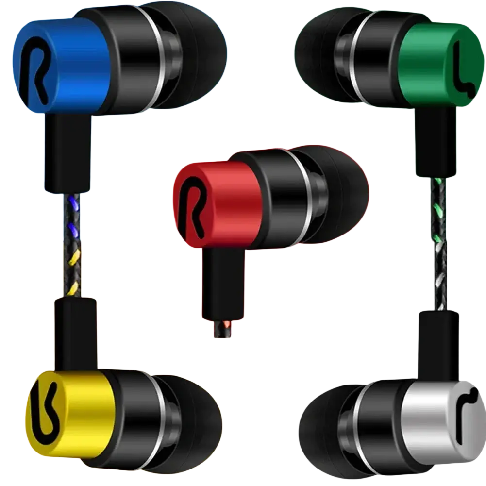 Bass stereo in-ear wired headphones in blue green red yellow and silver with black ear tips and metallic accents