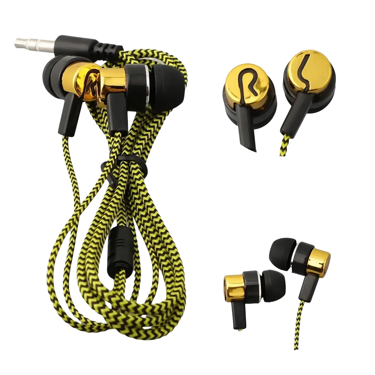 Gold and black inlayed bass stereo ear wired headphones with zigzag patterned cable for enhanced audio quality