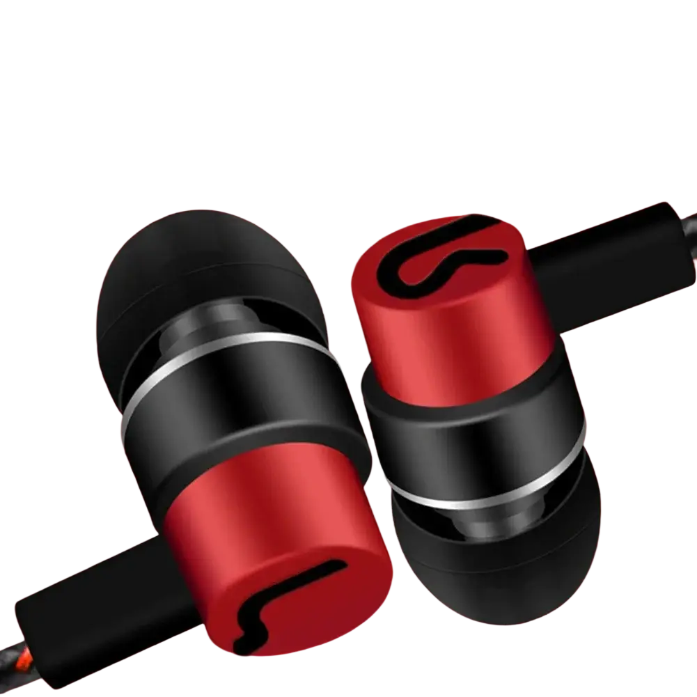 Red and black bass stereo in-ear wired headphones with sleek metallic finish and distinctive curved logo on earpiece