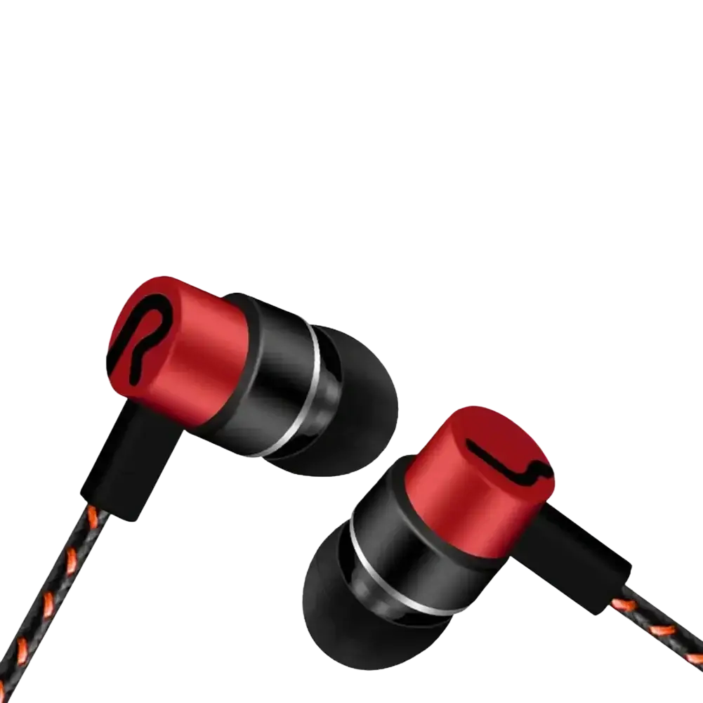 Red and black bass stereo ear wired headphones with braided cable for enhanced durability and sound quality