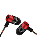 Bass stereo in-ear wired headphones in red and black with a braided cable featuring orange accents for enhanced durability