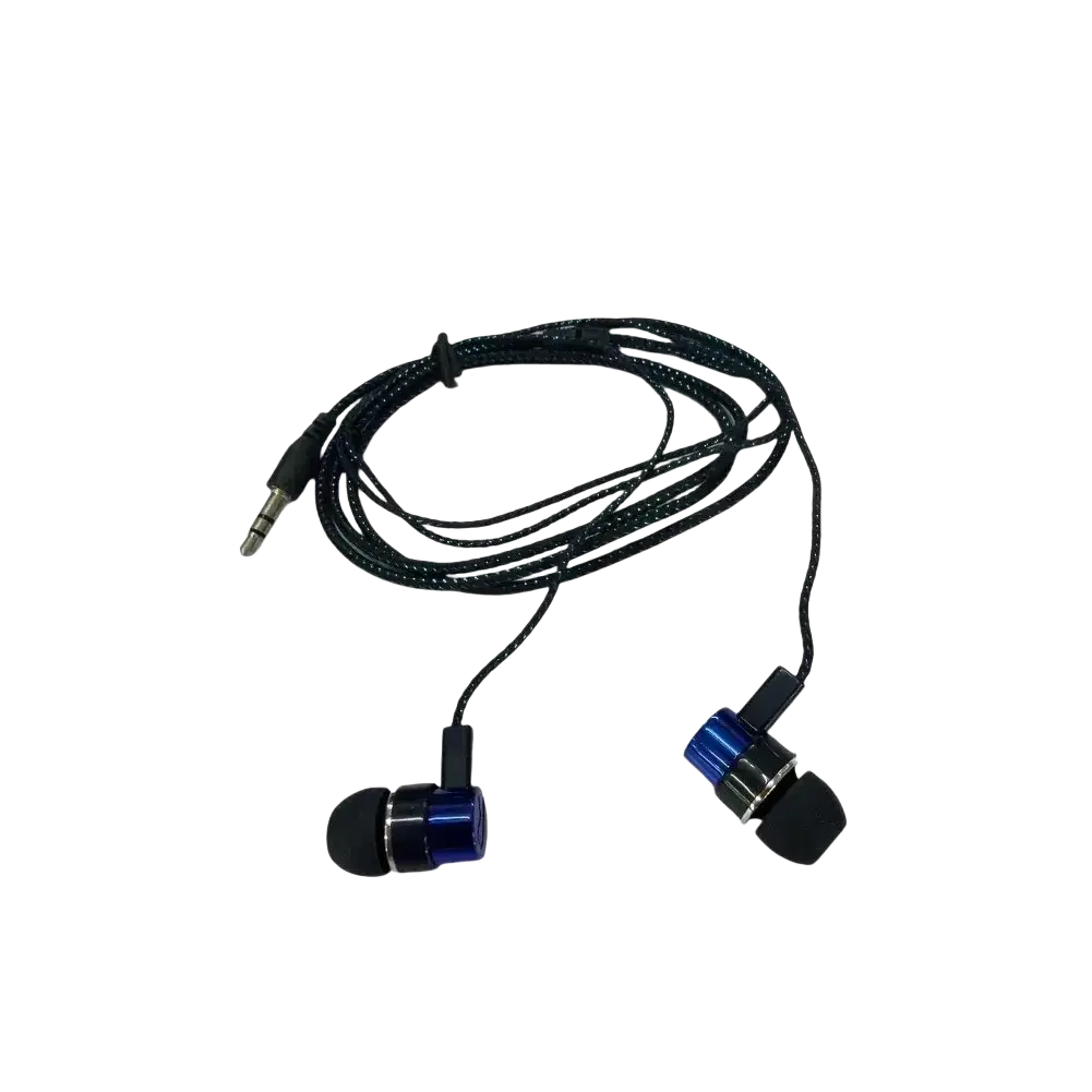 Black and blue bass stereo wired in-ear headphones with braided cable and volume control 3.5mm jack