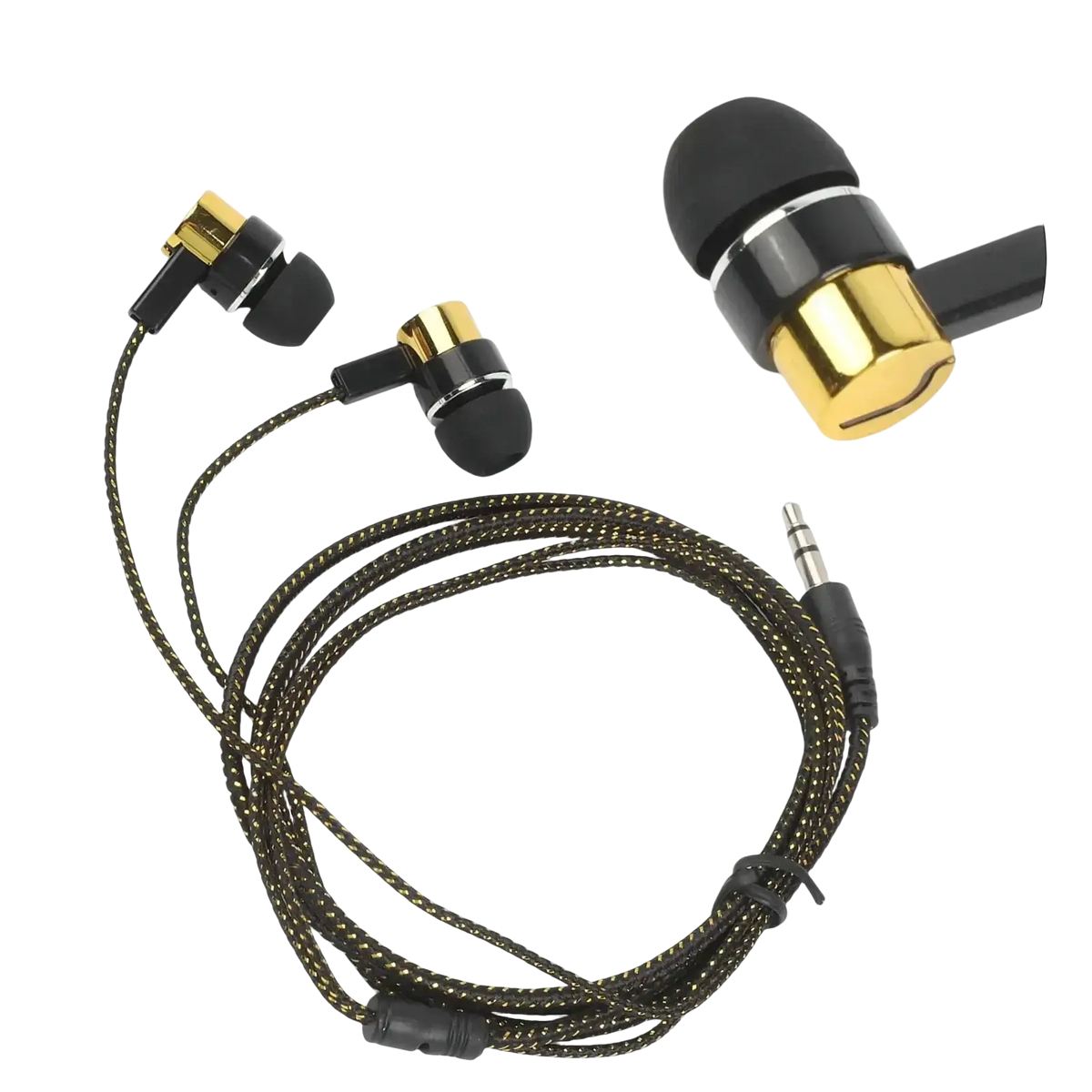 Black and gold bass stereo wired in-ear headphones with volume control and braided cable 3.5mm jack
