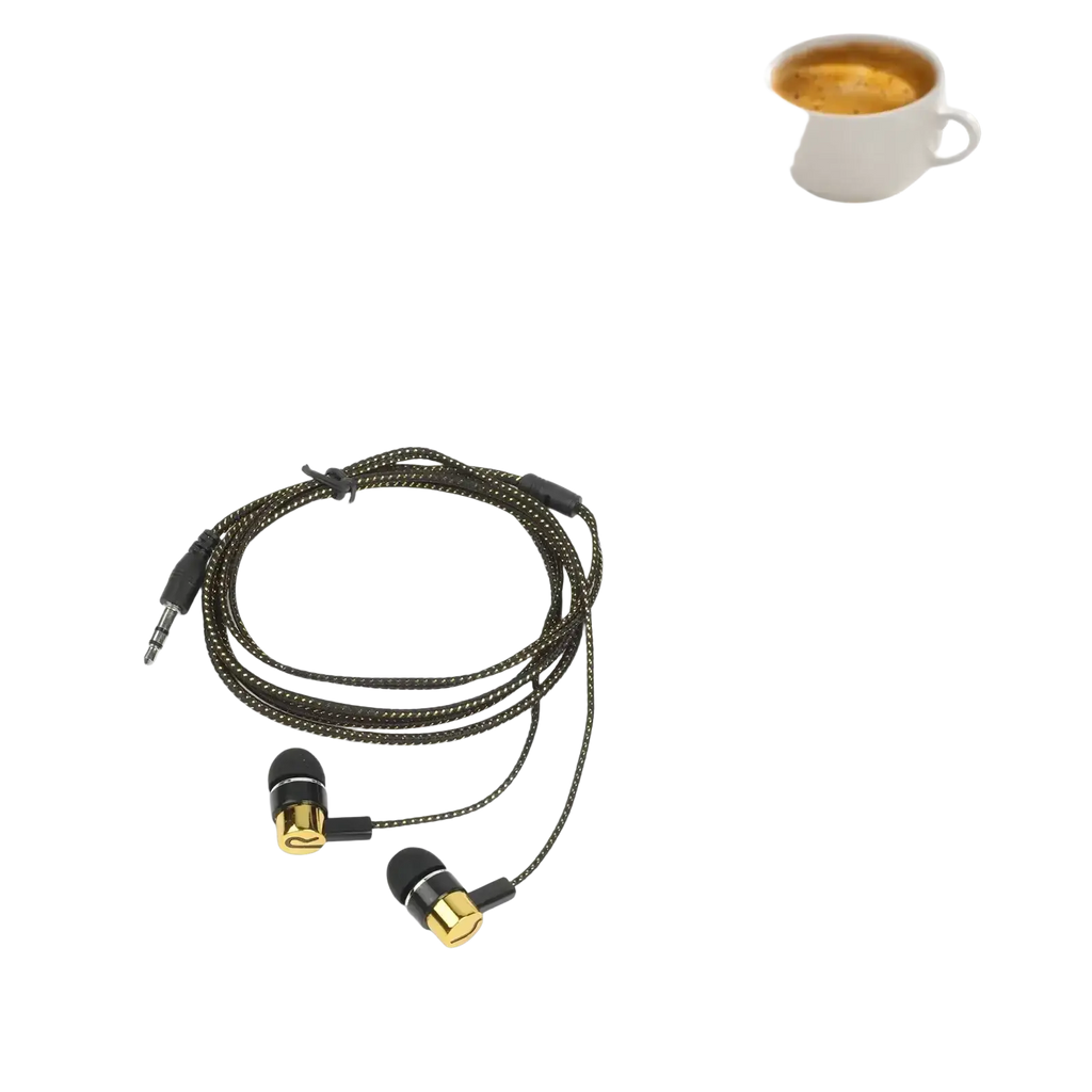 Black and gold wired in-ear headphones with bass stereo sound, volume control, and braided cable with 3.5mm jack